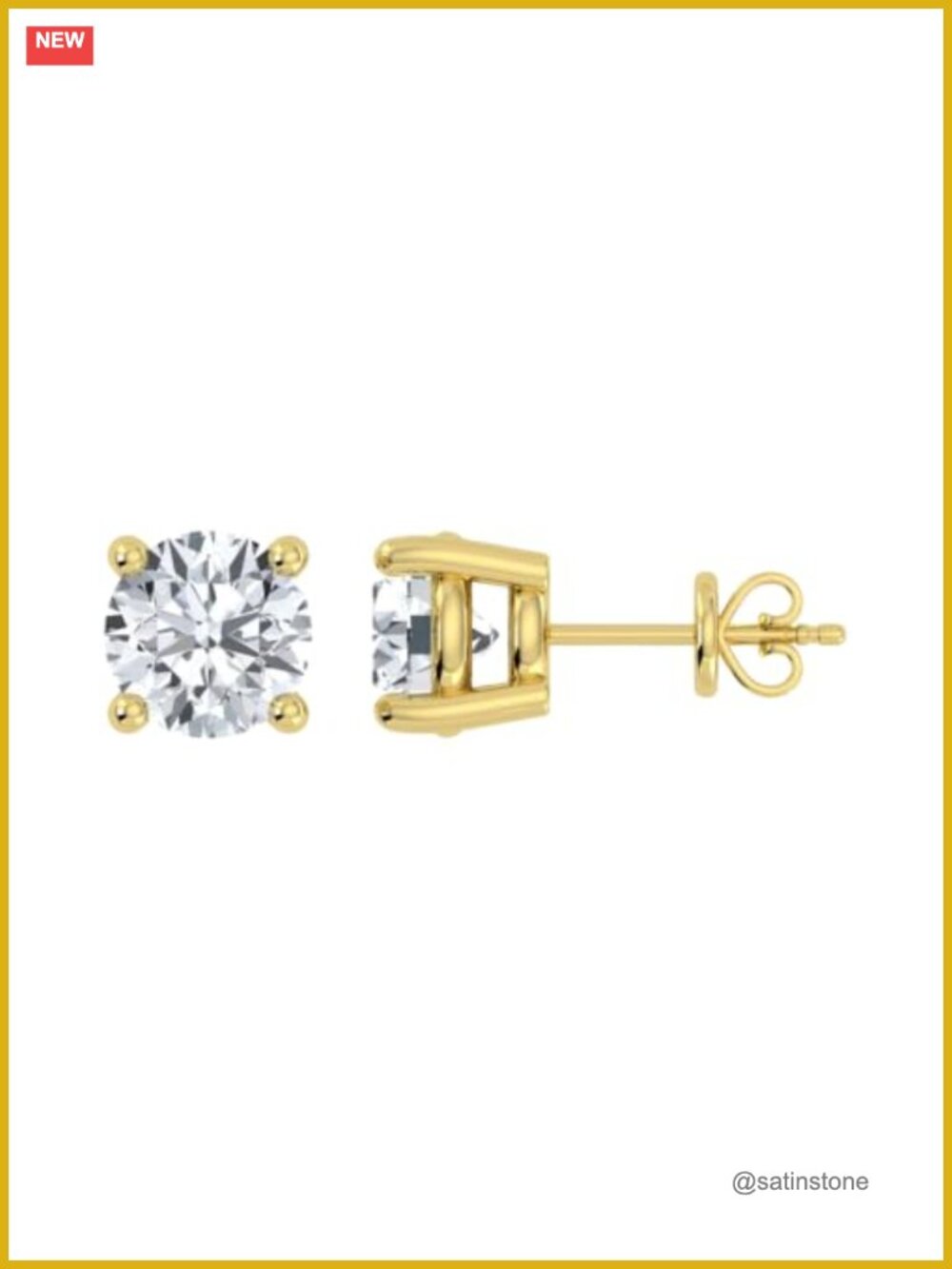 Lab Grown Diamond Stud Earrings 14K Gold Plated 925 Sterling Silver